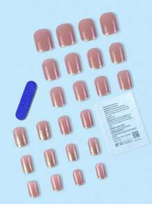 Nude Pink Press On Nails, 24pcs Short Square Glitter Fake Nail & 1pc Nail File & 1sheet Tape Cute Acrylic Nails Glossy Stick On Nails For Women Manicure Nail Supplies - Multicolor - View 2