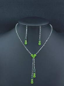 European And American Fashionable Simple Single-Layer Green Rhinestone Gradient Exquisite Necklace Earrings Set For Women, Elegant Jewellery For Parties And Banquets - Silver - View 1