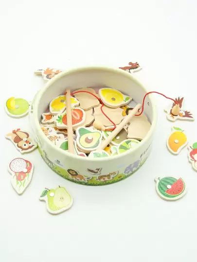 1 Pc Wooden Fishing Game Play Set - 31 Fish, 2 Poles, Toy For Kids, Magnetic Fishing Puzzles With Animals And Fruit