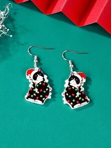 一對可愛卡通聖誕動物貓小狗火烈鳥牛吊墜耳環聖誕新年聚會聚會親友約會節日禮物耳環耳環 - 火烈鳥 - 查看 14