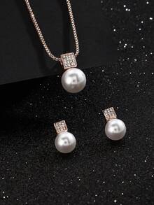 1對耳環和1件頸鍊優雅的仿珍珠珠寶套裝，適用於女士和女孩選擇日常穿搭和派對配飾 - 玫瑰金 - 查看 6