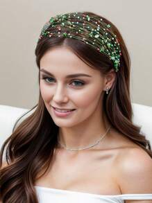 1pc Green Hair Hoop With Multicolor Diamond Design, Handmade Hair Accessory For Daily Wear - Green - View 7