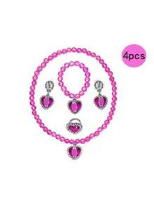 4pcs Girls' Dress Up Accessories Set Including Diamond Necklace, Bracelet, Ring, Earrings - Hot Pink - View 1