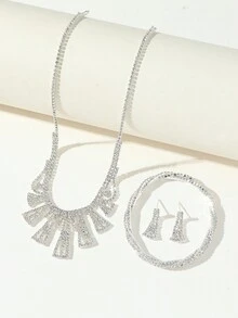 新款項鍊耳環三件式新娘婚禮晚宴配件適合女士 - 銀色 - 查看 2