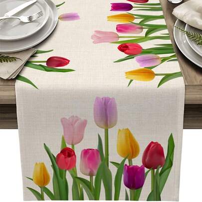 1pc Spring Tulip Floral Linen Table Runner For Dresser, Farmhouse, Kitchen, Dining Room Decor, Holiday Party Wedding Decoration