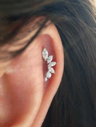 1pc Silver-Single S925 Sterling Silver Stud Earring Simple Petal Marquise Eye Inlaid Rhinestone Thread Piercing Ear Bone Stud Holiday