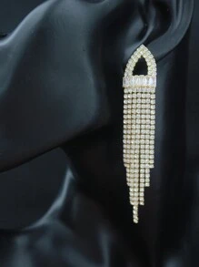 歐美風格跨國三角流蘇設計女士耳環鑲方晶鋯石,鏤空,優雅別緻,奢華時尚感 - 金色 - 查看 1