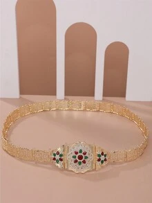 1個摩洛哥風格的金屬腰鏈,女性腰鏈飾品,婚禮禮服配件,帶有花瓣圖案的鑲滿閃亮鑽石的空心水晶花吊墜,可調節長度的身體珠寶 - 金彩中間紅 - 查看 2