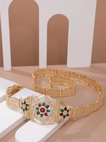1個摩洛哥風格的金屬腰鏈,女性腰鏈飾品,婚禮禮服配件,帶有花瓣圖案的鑲滿閃亮鑽石的空心水晶花吊墜,可調節長度的身體珠寶 - 金彩中間紅 - 查看 1