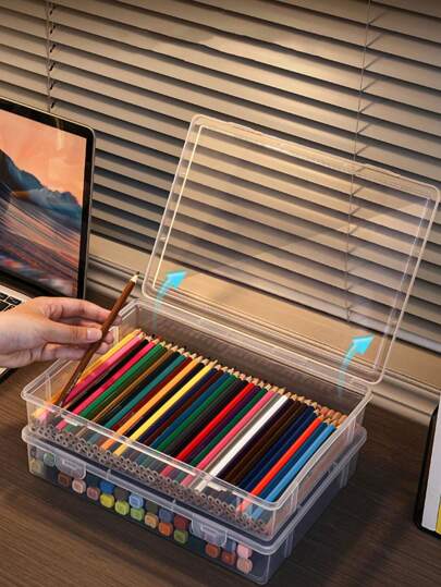 1pc/Desktop Storage Box Desk Organizer, Transparent Plastic Pencil Case For Colored Pencils, Markers And Crayons, Stationery & Pencil Storage Container Back To School,Pencil Pouch,School Bag