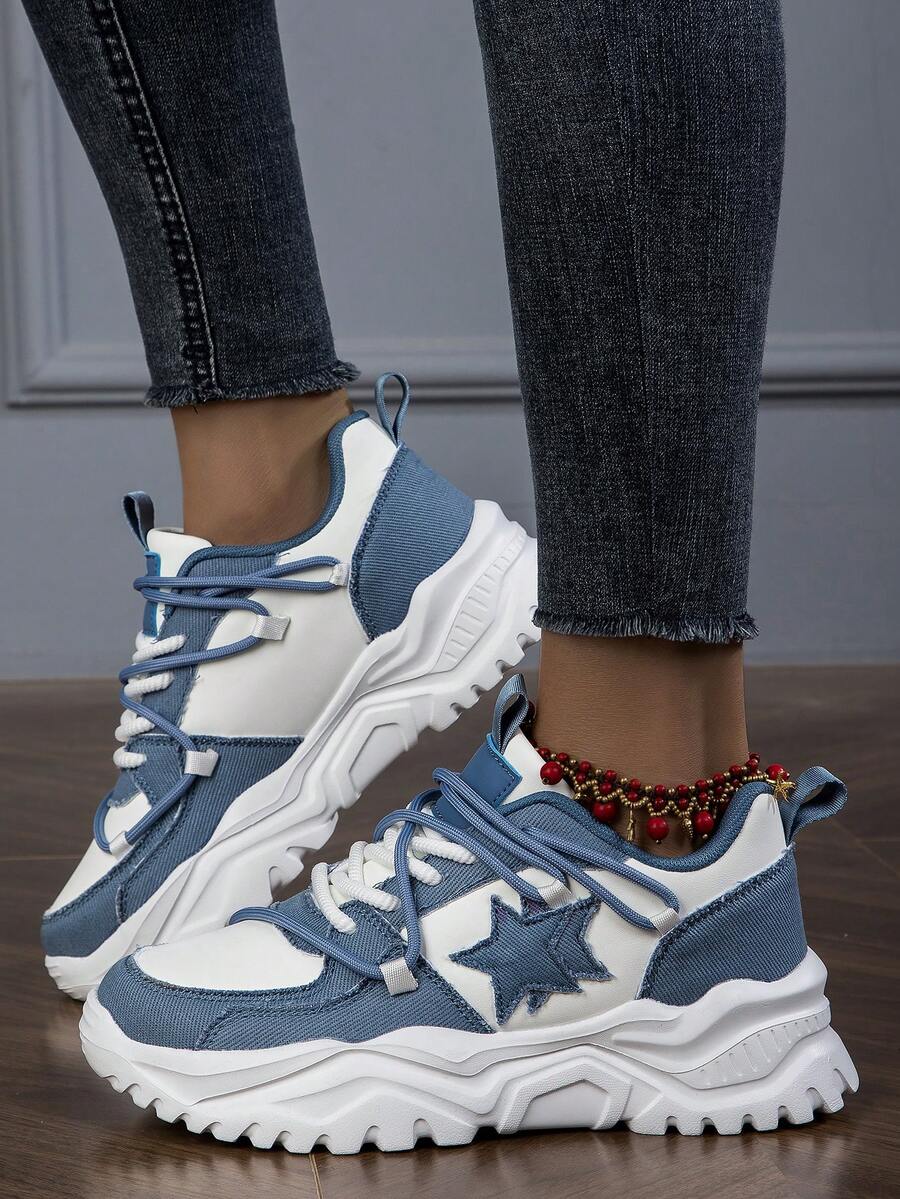 女士休閒運動鞋混色滑板鞋增高運動鞋女士平底運動鞋跑步厚底鞋 - 藍色 - 查看 1