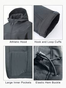 Women'S Windproof & Warm Softshell Hooded Outdoor Jacket With Text Pattern Print - Grey - View 5