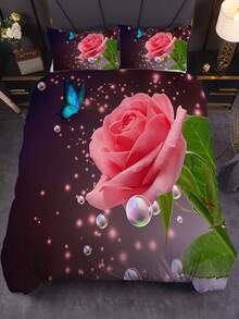 3入組床單套裝，浪漫蝴蝶玫瑰印花床上用品被套，柔軟舒適的被套，適用於臥室、客房（1*被套+2*枕套，不含內芯） - 彩色 - 查看 5