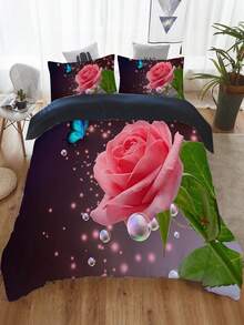 3入組床單套裝，浪漫蝴蝶玫瑰印花床上用品被套，柔軟舒適的被套，適用於臥室、客房（1*被套+2*枕套，不含內芯） - 彩色 - 查看 2