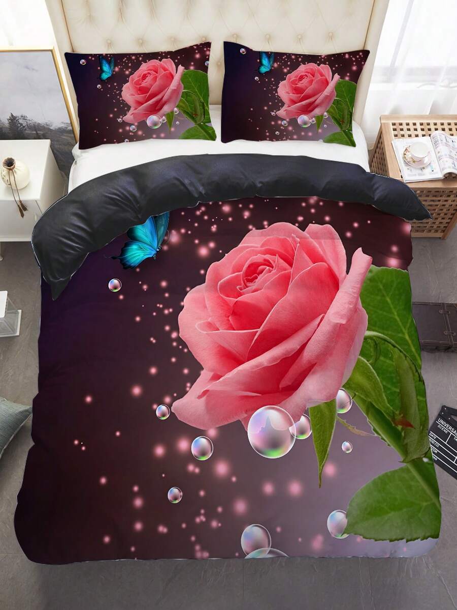 3入組床單套裝，浪漫蝴蝶玫瑰印花床上用品被套，柔軟舒適的被套，適用於臥室、客房（1*被套+2*枕套，不含內芯） - 彩色 - 查看 1