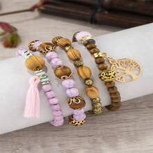 4pcs Vintage Bracelet Ladies Light Luxury Style Multi Color System Stone Tassel Multi Layer Beads Leaf Pendant Jewelry Gift - Purple - View 5
