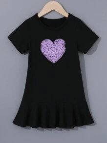 Young Girl Casual Heart Print Mid-Length Summer Dress, Short Sleeve - Black - View 1