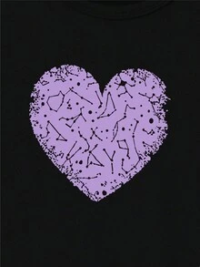 Young Girl Casual Heart Print Mid-Length Summer Dress, Short Sleeve - Black - View 2