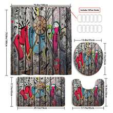 4 件組復古手繪音樂塗鴉木紋浴簾套件、浴室裝飾套裝包括防水浴簾、防滑地墊、馬桶蓋、浴室墊和 12 個塑膠掛鉤、浴室配件、家居裝飾 - 灰色 - 查看 3