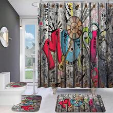 4 件組復古手繪音樂塗鴉木紋浴簾套件、浴室裝飾套裝包括防水浴簾、防滑地墊、馬桶蓋、浴室墊和 12 個塑膠掛鉤、浴室配件、家居裝飾 - 灰色 - 查看 4