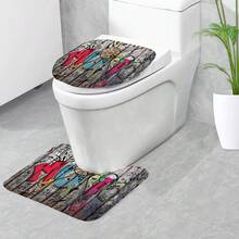 4 件組復古手繪音樂塗鴉木紋浴簾套件、浴室裝飾套裝包括防水浴簾、防滑地墊、馬桶蓋、浴室墊和 12 個塑膠掛鉤、浴室配件、家居裝飾 - 灰色 - 查看 2