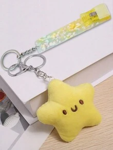 1個長指甲美甲風信用卡套和鑰匙扣組合,附帶可愛的毛絨星形玩具吊飾和壓克力卡片取出工具。適用於女性汽車鑰匙、背包、情人節、新年、生日派對、日常使用 - 黃色 - 查看 1