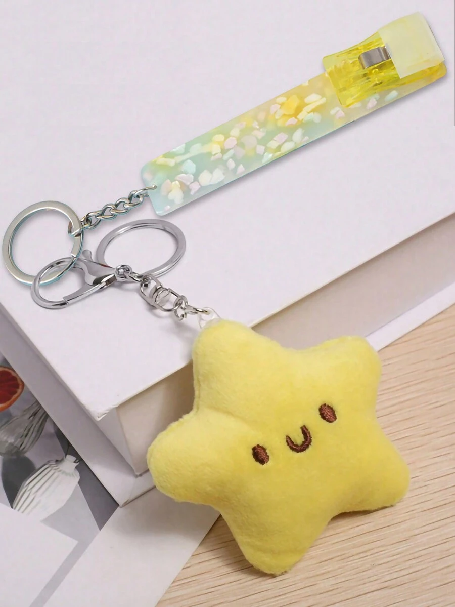 1個長指甲美甲風信用卡套和鑰匙扣組合,附帶可愛的毛絨星形玩具吊飾和壓克力卡片取出工具。適用於女性汽車鑰匙、背包、情人節、新年、生日派對、日常使用 - 黃色 - 查看 1