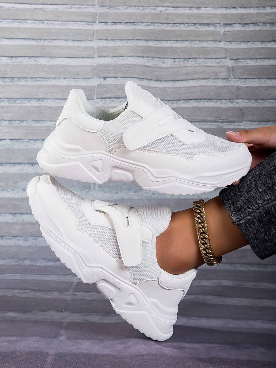 白色增高運動鞋,厚底網面設計,適用於辦公、校園和步行活動的休閒舒適防滑鞋 - 白色 - 查看 1