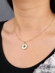 1pc Maillard Style Stainless Steel Tiger's Eye, Shell, Rose, Star Inlaid Pendant Clavicle Chain, Sweater Chain, Necklace For Women's Daily Wear - Gold - View 3