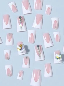 24 件按压式长鸭形指甲尖白色法式指甲，带 3D 蛇和心形水钻装饰，可重复使用软凝胶棒，12 种尺寸，包含 1 个果冻胶和 1 个指甲锉，适合女士和女孩美甲 - 彩色 - 查看 4