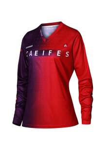 女士漸變字母印花排汗透氣速乾長袖運動衫，適用於越野山地自行車和摩托車 - 酒紅色 - 查看 2