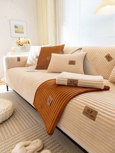 1pc Solid Color Plush Sofa Cover, Non-Slip Sofa Seat & Backrest & Armrest Cover, All Seasons