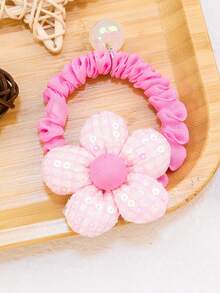 1入組女孩可愛糖果色系春季系列花朵和蝴蝶結頭飾，配有亮片蝴蝶結，彈性和珠狀頭飾，適合日常使用 - 西瓜粉 - 查看 4