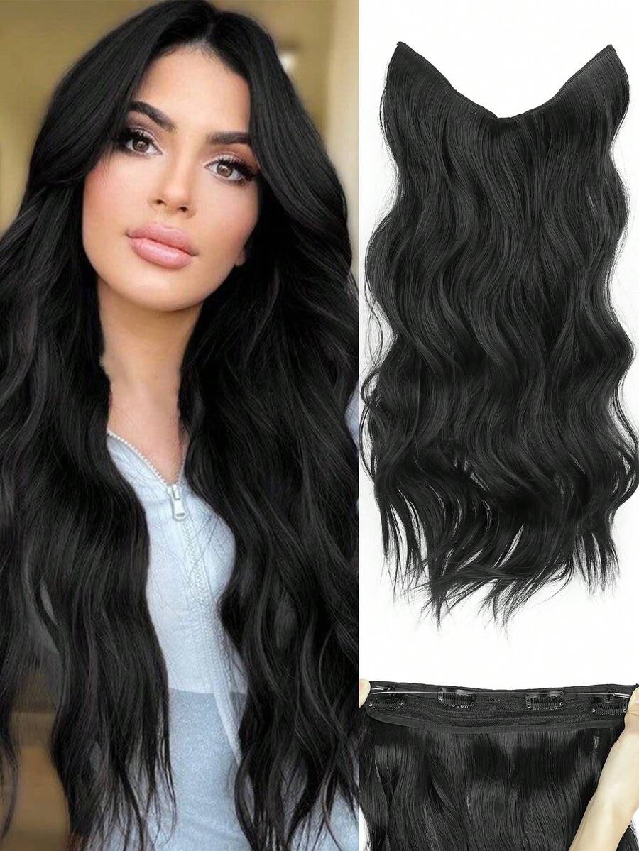 nimoki 隱形鋼絲接髮可調式長波浪接髮合成升級 4 個安全夾假髮（黑色） - 黑色 - 查看 1