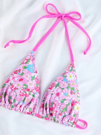 2 Pieces Floral Print Halter Neck Strappy Triangle Bra And Swim Bottoms Bikini Set Summer