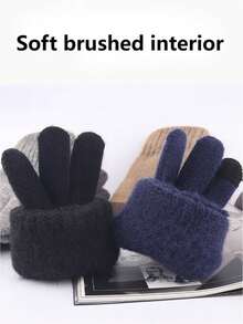 Camplab 男士户外运动保暖手套，冬季骑行触屏保暖内衬手套，防寒保暖针织全指手套 - 藏蓝色 - 查看 5