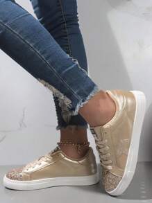 Neue sternförmige runde Band Schnürer Flache Schuhe, Retro glänzende glitzernde silberne Lässig Sneaker für Damen