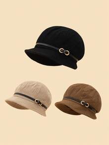 中性款韓國和日本單色黑、米色、咖啡、棕色編織漏斗帽，厚實內裡，帶時尚的皮質扣帶和多變風格，適合母親節、婦女節禮物 - 咖啡棕 - 查看 1