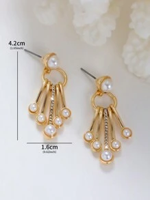 1對歐美時尚誇張流蘇水鑽珍珠拼接對稱珍珠耳環女 - 金黃色 - 查看 3