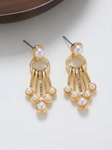 1對歐美時尚誇張流蘇水鑽珍珠拼接對稱珍珠耳環女 - 金黃色 - 查看 1