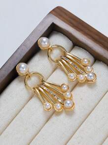 1對歐美時尚誇張流蘇水鑽珍珠拼接對稱珍珠耳環女 - 金黃色 - 查看 5