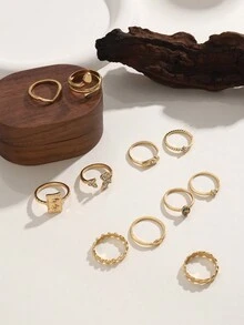 11pcs/Set Vintage Minimalist Stacking Ring Set, Suitable For Women'S Travel Outfits And Best Friend Gift, Zinc Alloy Material - Yellow Gold - View 1