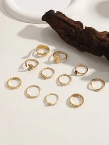 11pcs/Set Vintage Minimalist Stacking Ring Set, Suitable For Women'S Travel Outfits And Best Friend Gift, Zinc Alloy Material - Yellow Gold - View 2