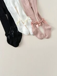3双装女童蝴蝶结装饰连裤袜，儿童打底裤，幼儿不透明连裤袜，适合春秋季节穿着，透气、柔软、可爱，适合宝宝日常穿着 - 彩色 - 查看 3