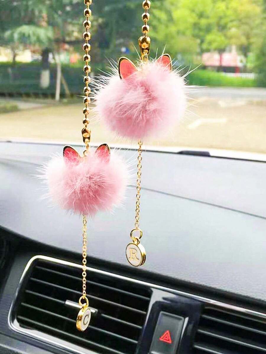 1pc Pink Cat Ear Shape Car Rearview Mirror Hanging Ornament, Lovely Car Decoration - Pink - View 1