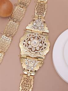 1個摩洛哥風格的金屬腰鏈,女性腰鏈飾品,婚禮禮服配件,帶有花瓣圖案的鑲滿閃亮鑽石的空心水晶花吊墜,可調節長度的身體珠寶 - 金彩中間紅 - 查看 10