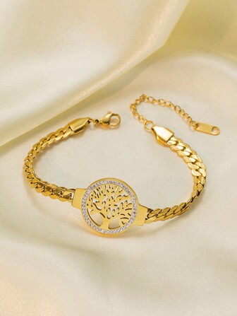 女士一体式金色不锈钢生命之树链条手链，时尚日常百搭珠宝配饰情人节礼物