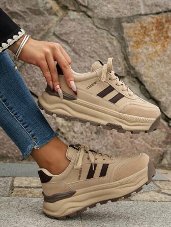 女士秋冬休閒運動鞋,厚底提升,舒適,橡膠底,百搭,圓頭,保暖