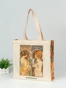 Sac fourre-tout en canevas d"art peinture à l"huile d"Alphonse Maria Mucha Primrose et Feather Mona Lisa pour femmes et filles, réutilisable et écologique, pliable avec grande capacité pour les courses et les loisirs - Orange - Voir 6