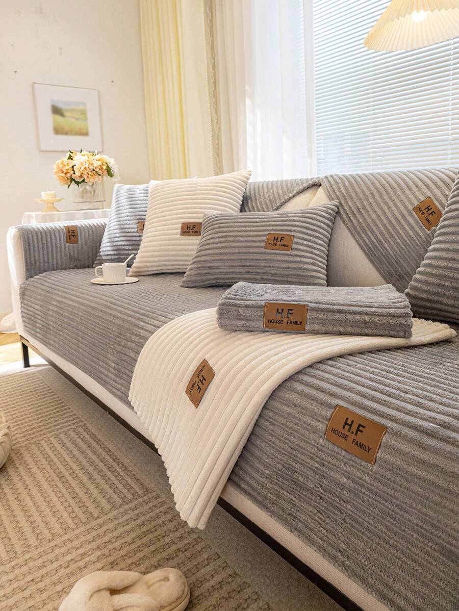 1入組條紋實色沙發套,沙發坐墊、沙發靠背扶手套,1-4座沙發濾網覆蓋物,全季節通用防滑 - 淺灰色 - 查看 1